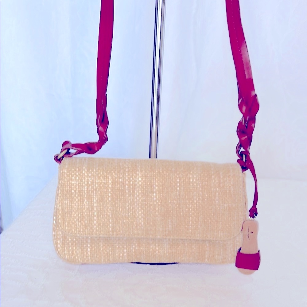 ETIENNE AIGNER tan and maroon Tropicana mini straw woven handbag.